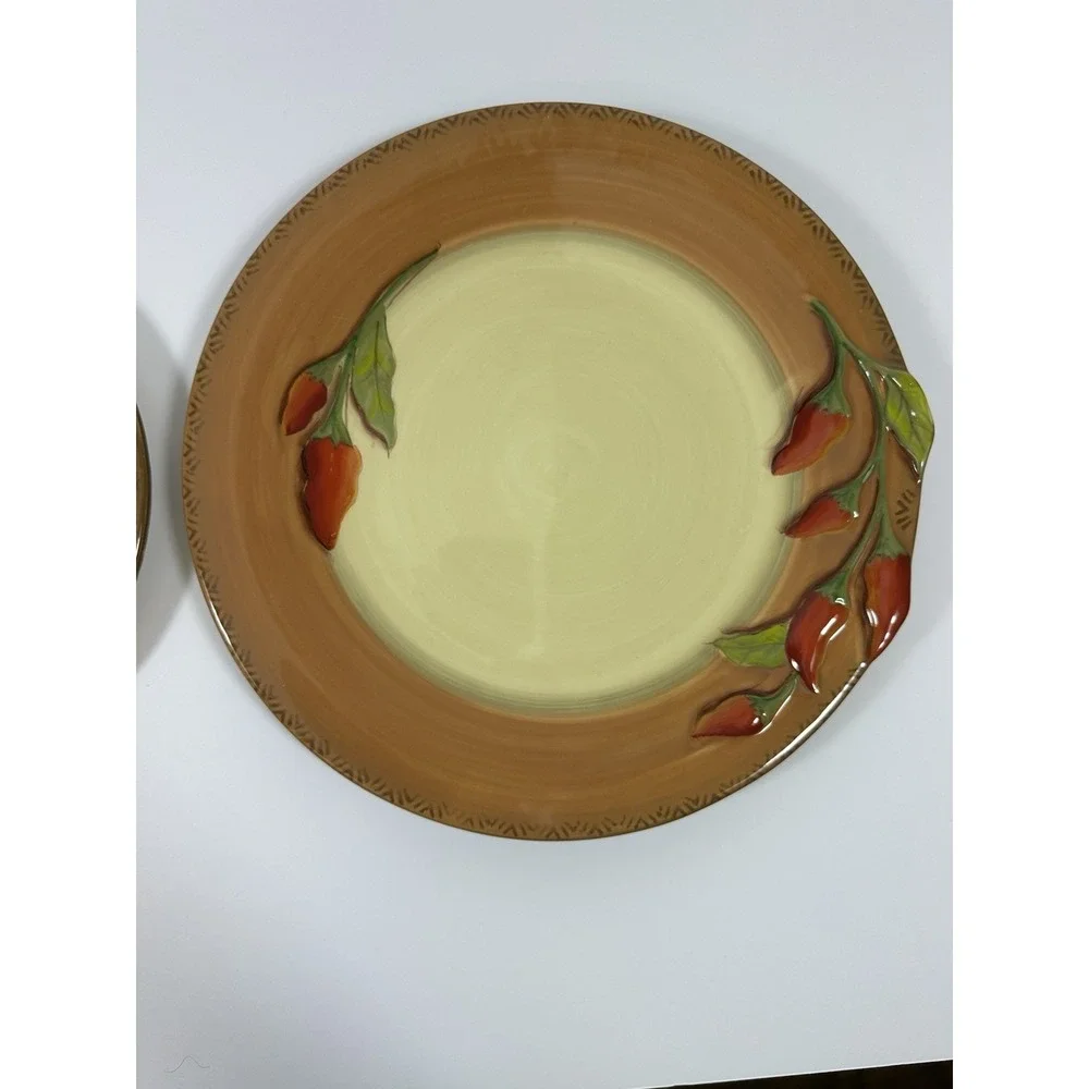 Clay Art Serrano Dinner Salad Plate Set Red Chili Peppers Hand Painted Stonelite